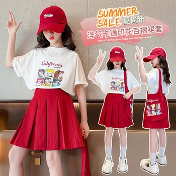 Летняя одежда для девочек, костюм с коротким рукавом, плиссированная юбка, одежда для младших девочек, Корейская детская одежда 2023, весна от 4 до 16 лет