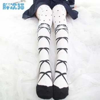 Японский стиль лук черная полоса печати хлопчатобумажные чулки Девушка лолита COS носки Студенческие гольфы до бедра