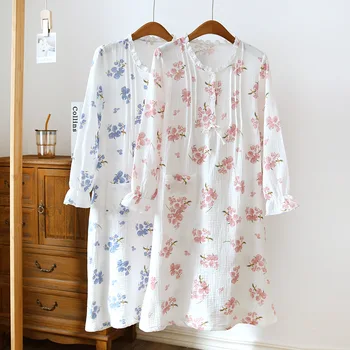Женская ночная рубашка из двухслойного хлопка с принтом тушью, длинные рукава, бант длиной до колен, Весенне-летнее платье для сна