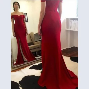 Сексуальное красное вечернее платье с открытыми плечами, вырез в виде сердечка, трапециевидный разрез сбоку, длинное атласное свадебное платье для вечеринки
