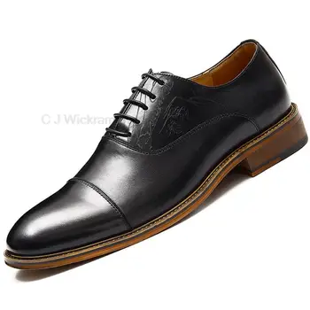Мужские оксфорды из натуральной кожи, черно-коричневое офисное платье на шнуровке, свадебные деловые туфли с перфорацией типа броги с круглым носком для мужчин