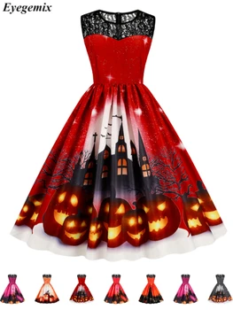 Черное кружевное готическое платье на Хэллоуин, Женские костюмы, винтажные вечерние платья без рукавов, Страшная Ведьма с черепом, одежда Holloween, Косплей