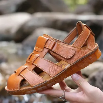 Итальянский дизайн Мужские сандалии из натуральной кожи Прочная подошва TPR Удобная уличная мужская пляжная обувь