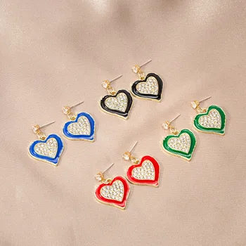 1 пара сережек в виде сердца на День Святого Валентина для женщин Золотой цвет Многоцветная эмаль в виде сердца Прозрачный горный хрусталь 2,9 см x 2 см