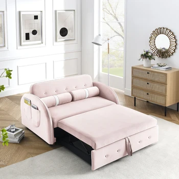 Раскладной бархатный диван-кровать для сна, 2-местный диван Loveseats, диван с боковыми карманами, регулируемой спинкой и поясничными подушками.