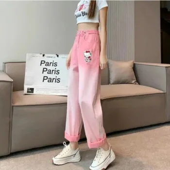 Sanrio Новая оригинальная женская одежда Kawaii, брюки Y2K, розовые джинсы с градиентом Hello Kitty, Уличная одежда, Спортивные штаны, женские брюки Kpop