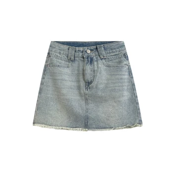 Классическая винтажная светло-голубая короткая джинсовая юбка с высокой талией и пушистыми краями с антибликовым покрытием
