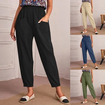 Женские брюки с эластичным поясом из хлопка и льна, косые карманы, прямые укороченные штанины, удобный и повседневный городской стиль