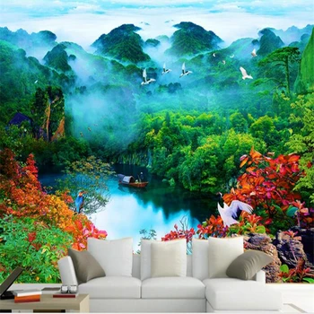 большие обои beibehang на заказ, эстетичный лес Шангри-Ла на фоне журавля, китайский пейзаж, спальня, гостиная, фон для телевизора