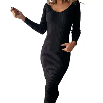 Женское зимнее вязаное платье, пуловер с V-образным вырезом и длинным рукавом, повседневное женское платье, тонкие пуловеры, элегантное платье-карандаш