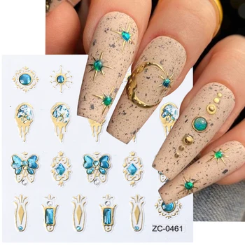 Наклейки для ногтей с синими драгоценными камнями, бабочка, геометрическая звезда, 5D Клейкая наклейка-слайдер, Золотое пламя, украшение для маникюра NFZC