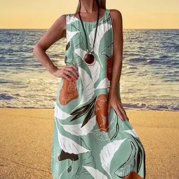 Карманы для охлаждения Повседневное женское пляжное платье с круглым вырезом Женская одежда