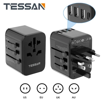 Адаптер для путешествий TESSAN по всему миру с 3 портами USB и 1 портом Type-C (15 Вт) Международный адаптер для путешествий в США, Великобританию, Англию, Австралию