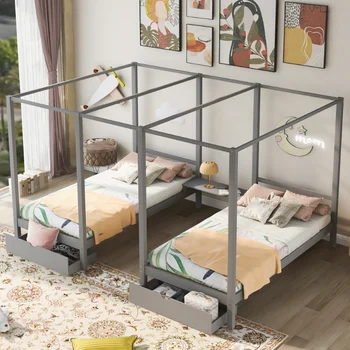 Двухспальные кровати-платформы с балдахином Ouble общего размера с двумя выдвижными ящиками и встроенным письменным столом\ Серая сосна [На складе в США]