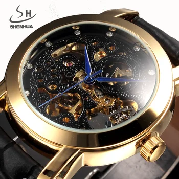 Роскошные мужские часы SHENHUA от бренда Gold Skeleton, автоматические механические часы, мужские прозрачные кожаные часы Relogio Masculino
