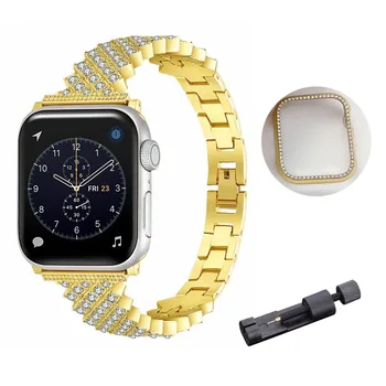 Блестящий Металлический Ремешок для Apple Watch 8 41мм 45мм Браслет Браслет с Корпусом Ремешок для часов iWatch 7 6 Нарядные Золотые украшения 38мм 40мм