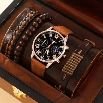 Модные мужские спортивные часы Мужские деловые кварцевые наручные часы Роскошный коричневый Кожаный браслет Мужские повседневные светящиеся часы