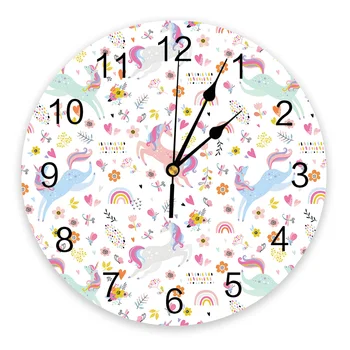 Мультяшные настенные часы с розовой лошадкой и радужной бабочкой, бесшумные цифровые часы для украшения домашней спальни, кухни, гостиной