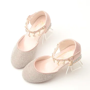 Туфли принцессы на толстом каблуке для девочек, золотые туфли с кристаллами, детские туфли для показа мод на высоких каблуках