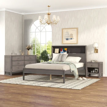 Спальный Гарнитур из 3 предметов, Полноразмерная кровать-платформа с Тумбочкой и Комодом, Антично-Серый
