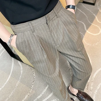 Летние брюки для делового костюма в тонкую полоску с девятью точками, мужские однотонные Крутые повседневные брюки в Корейском стиле, приталенные Деловые брюки для общения