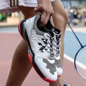 Новая дышащая обувь для бадминтона, Большие размеры 36-45, нескользящая обувь для волейбола, Мужские Качественные теннисные кроссовки, Мужская теннисная обувь