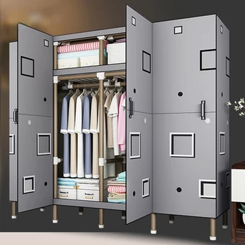 Простые шкафы Современный Небольшой шкаф для хранения ткани Мебель для спальни Стальная труба Утолщенная Комната для аренды Спальня Домашний гардероб