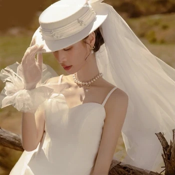 Винтажный цилиндр с вуалью, Элегантный винтажный реквизит для фотосессии, белая фетровая шляпа с жемчугом для вечерних танцев на сцене.
