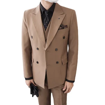 2023 Новый модный взрывной мужской костюм в британском стиле с двубортным острым воротником M-4XL, многоцветный деловой костюм кофейного цвета