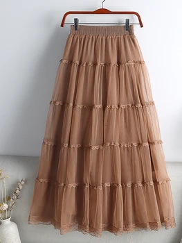Женская юбка TIGENA Sweet из кружевного тюля в стиле пэчворк, Весна-лето 2023, Корейская элегантная длинная юбка Миди из однотонной сетки с высокой талией, Женская