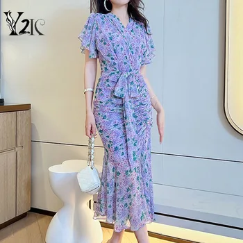 Y2K clothes летнее облегающее платье с V-образным вырезом и цветочным принтом в виде русалки, шикарное праздничное элегантное вечернее платье для офисных леди платье ZA