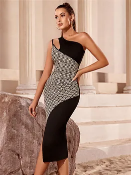 Новое стильное платье Миди в клетку на одно плечо, Черное облегающее платье без рукавов в стиле пэчворк, Летнее модное женское платье для вечеринок