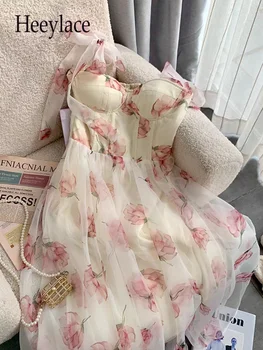 Летнее Белое Сетчатое платье Феи, Французское Винтажное платье с цветочным принтом, платья принцессы для выпускного вечера Для женщин, платья Макси для пляжного отдыха 2023