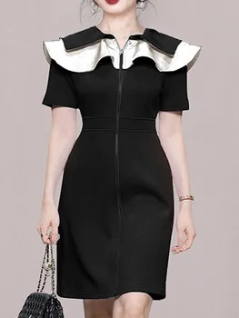 Что-то Женское платье с оборками и застежкой-молнией с большими лацканами 2022, Корейское Шикарное Летнее Новое Французское платье в стиле ретро с коротким рукавом на талии, контрастные платья