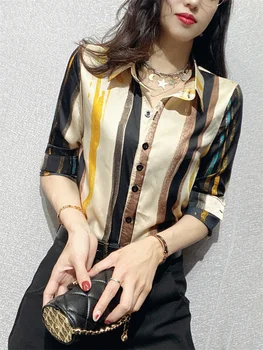 Женская блузка в цветную полоску 2023, Свободная рубашка с отложным воротником, модный шикарный топ