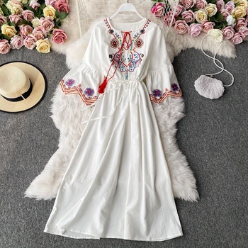 Limiguyue Indie Folk Хлопковое льняное платье Женское летнее пляжное платье с расклешенными рукавами с цветочной вышивкой большого размера в стиле бохо Vestidos U304