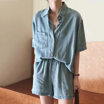 2023 Летний новый женский джинсовый комплект, Корейская свободная рубашка с коротким рукавом, повседневная 5969