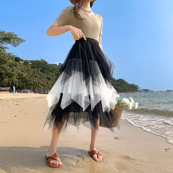 Весна-лето, контрастного цвета, нерегулярная длинная сетчатая юбка, пышные фатиновые юбки трапециевидной формы в стиле пэчворк