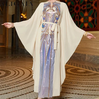 Женский кафтан с цветочной вышивкой, блестками, рукавом-бабочкой, поясом, женское вечернее платье, повседневная свободная арабская мусульманская женская одежда