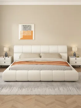 Кровать из натуральной кожи современная минималистичная двуспальная кровать кремового цвета в главной спальне двуспальная кровать высокого класса 2023 новая кровать