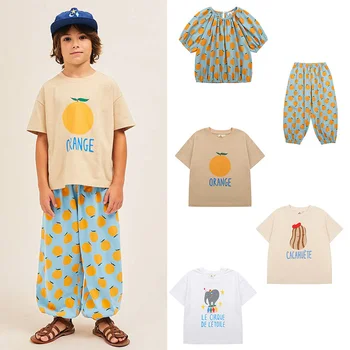 EnkeliBB/ Летняя повседневная футболка для мальчиков с оранжевым принтом, модные хлопковые футболки для девочек, топы