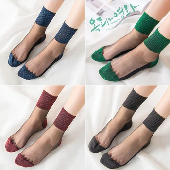 Летние прозрачные короткие носки для женщин, эластичные тонкие яркие шелковые носки с кристаллами средней толщины, носки из стеклянной пряжи, Комфортные дышащие носки