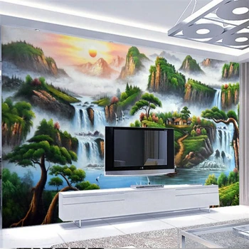 трехмерная горная вода wellyu, водопад, восход солнца, картина маслом, фон для телевизора, стена, большая фреска на заказ, зеленые обои
